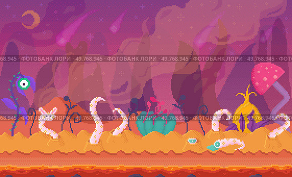 A vibrant and surreal alien landscape filled with unusual plants, creatures with tentacles, and floating elements in a mix of purple, pink, and orange hues. Ideal for fantasy themes, sci-fi settings. Fantasy Alien Landscape with Strange Creatures and Plants in a Surreal Environment. Стоковая иллюстрация, агентство Ingram Publishing / Фотобанк Лори