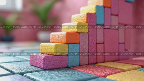 A vibrant arrangement of colorful building blocks forms a playful staircase, sparking creativity in an inviting indoor environment for children. Стоковое AI-видео, аниматор Данила Большаков / Фотобанк Лори