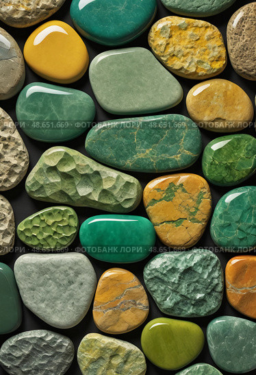 A vibrant collection of unakite and epidosite stones showcases a variety of colors and textures, inviting admiration for their natural beauty and unique metamorphic origins Generative AI. Стоковое AI-изображение, AI-художник Юлия Петровская / Фотобанк Лори