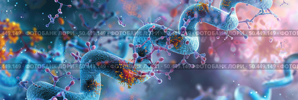 A vibrant, detailed rendering of neurons connecting through synapses, highlighting neural activity. Стоковое AI-изображение, AI-художник Данила Большаков / Фотобанк Лори