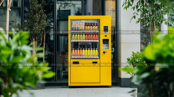 A Vibrantly Bright Yellow Vending Machine is Surrounded by Lush Greenery in a Lively Urban City Setting. Стоковое AI-изображение, AI-художник Anastasy Yarmolovich / Фотобанк Лори