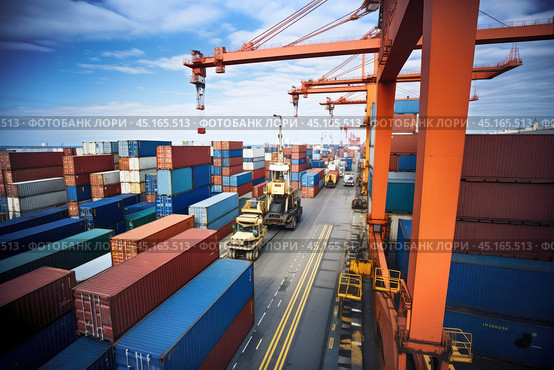 A view of industrial cranes and shipping containers at a busy cargo port, illustrating the global flow of goods and commerce. Стоковое AI-изображение, AI-художник Михаил Строгалев / Фотобанк Лори