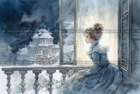 A vintage-style watercolor illustration depicts a young girl sitting by an open window against a winter landscape. She looks thoughtfully at the snow-covered mansion opposite, the windows of which glow with warm light. The girl is dressed in a lush old dress with a high collar and lace, her hairstyle emphasizes the 19th century era. The entire image is permeated with an atmosphere of silence, loneliness and foreboding. The snow falls slowly, creating a fabulous, almost mystical atmosphere. Стоковое AI-изображение, AI-художник Анна Кривицкая / Фотобанк Лори