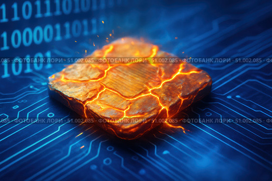 A Visually Striking Representation of a Computer Chip Illuminated with Fiery Cracks, Surrounded by Blue Digital Circuitry and Binary Code. Стоковое AI-изображение, AI-художник Башкирова Анна / Фотобанк Лори