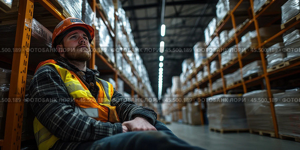 A warehouse employee sits slumped against a row of shelves, the endless rows stretching into the distance. Стоковое AI-изображение, AI-художник Ярославский Максим / Фотобанк Лори