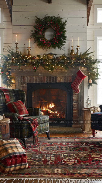A warm and inviting Christmas scene featuring a fireplace with a roaring fire, a festive wreath and garland, a cozy armchair, and a Christmas stocking hung above the mantel. Стоковое AI-изображение, AI-художник Данила Большаков / Фотобанк Лори