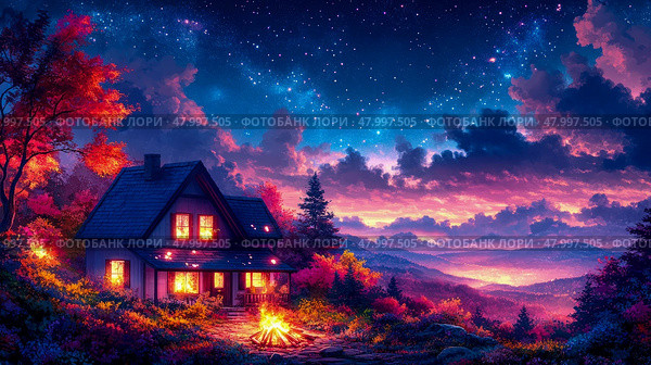 A warm, inviting cabin glows as twilight descends, surrounded by colorful foliage and mountains beneath a dazzling star-filled sky. Стоковое AI-изображение, AI-художник Данила Большаков / Фотобанк Лори