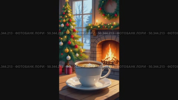 A warming mug of coffee near the fireplace in a cozy warm knitted plaid and Christmas decor. Cozy winter illustration, Christmas, New Year. AI generated. Стоковое AI-видео, аниматор Ольга Симонова / Фотобанк Лори