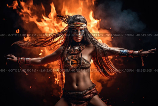 A warrior performs an intense dance surrounded by vibrant flames, emphasizing strength and cultural vibrancy with intricate traditional attire. Стоковое AI-изображение, AI-художник Данила Большаков / Фотобанк Лори
