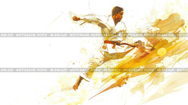 A watercolor illustration of a martial arts athlete kicking in mid-air, showcasing their strength and agility. Стоковое AI-изображение, AI-художник Данила Большаков / Фотобанк Лори
