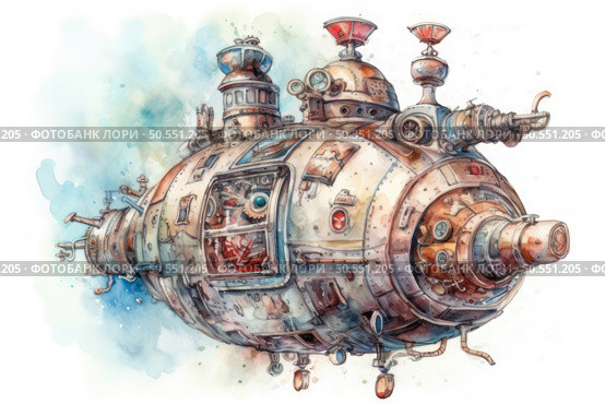 A watercolor illustration of a sci-fi steampunk spaceship. The ship has a rounded shape and many mechanical parts: rivets, pipes, gears and viewing windows. The hull is decorated with vintage elements and bronze details, creating a feeling of old technology. Warm and cool tones are combined with rusty shades, giving the image a picturesque and sci-fi atmosphere. The illustration is done with humor and detail, perfect for themes related to imagination, adventure and retrofuturism. Стоковое AI-изображение, AI-художник Анна Кривицкая / Фотобанк Лори