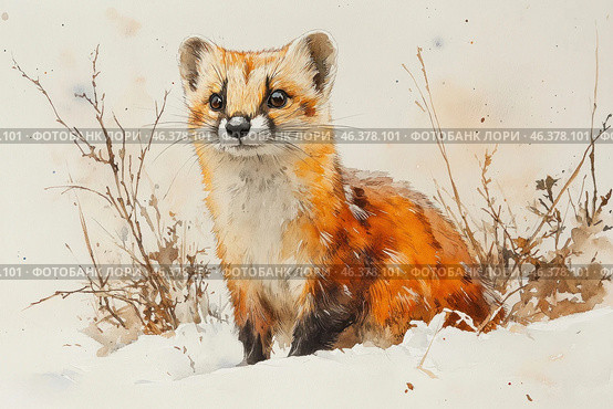 A watercolor illustration of a small forest animal - a sable or marten, sitting in a winter landscape. The animal has fluffy fur, a bright reddish-brown color with a white throat and black paws. It looks curious and cute, with large black eyes that reflect the light. The background is done in soft pastel colors, with dry branches peeking out from under the snow. Watercolor strokes create a light and airy texture to the image. Стоковое AI-изображение, AI-художник Анна Кривицкая / Фотобанк Лори