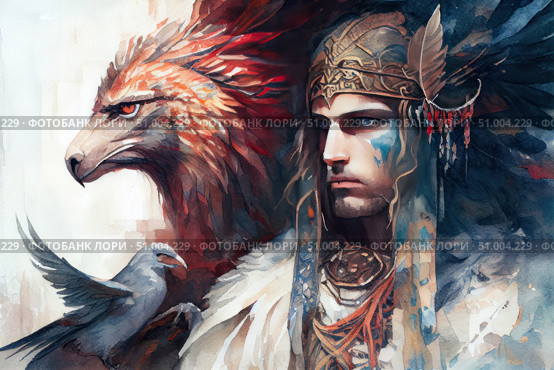 A watercolor portrait of a mythological warrior in the form of a shaman or ancient chieftain. His face is decorated with ritual patterns, on his head is a richly decorated helmet with wings and feathers. Nearby are two birds: one light, similar to a raven or a falcon, the second is a majestic fiery griffin. The painting is filled with symbolism, conveying strength, wisdom and the connection of man with the spirits of nature. Ideal for use in fantasy illustrations, tarot cards, books, covers and art projects. Стоковое AI-изображение, AI-художник Анна Кривицкая / Фотобанк Лори