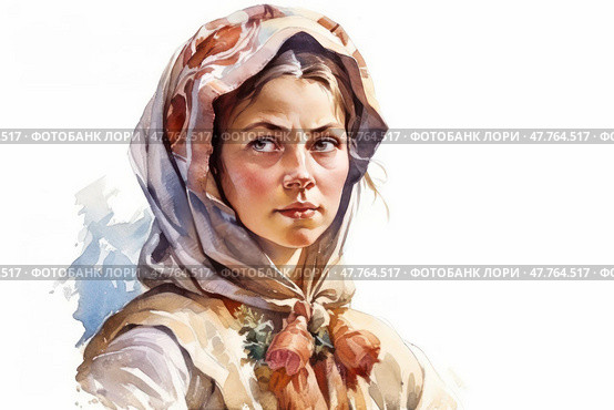 A watercolor portrait of a young woman wearing a traditional floral headscarf. Her gaze is serious and focused, her face is slightly flushed from the cold, and the overall image is reminiscent of scenes from peasant or village life in the 19th century. The work is done in a soft color palette, with an emphasis on naturalness, emotion and the atmosphere of the past. Suitable for themes of historical heritage, ethnic art, feminine strength and authenticity. Стоковое AI-изображение, AI-художник Анна Кривицкая / Фотобанк Лори