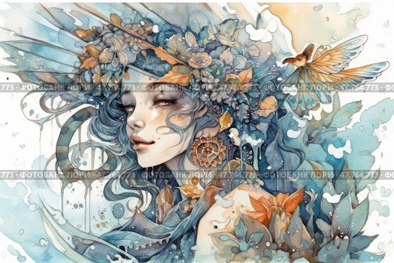 A watercolour fantasy illustration of a woman with her eyes closed, adorned with an intricate wreath of flowers, leaves and feathers. Her hair is intertwined with natural elements, creating a sense of oneness with the surrounding flora. An exotic bird flies nearby with its wings outstretched. The colour palette is delicate, with blue, turquoise and warm orange shades dominating, giving the image a dreamy, ethereal mood. The painting conveys the magic of nature, inner harmony and artistic sophistication. Стоковое AI-изображение, AI-художник Анна Кривицкая / Фотобанк Лори