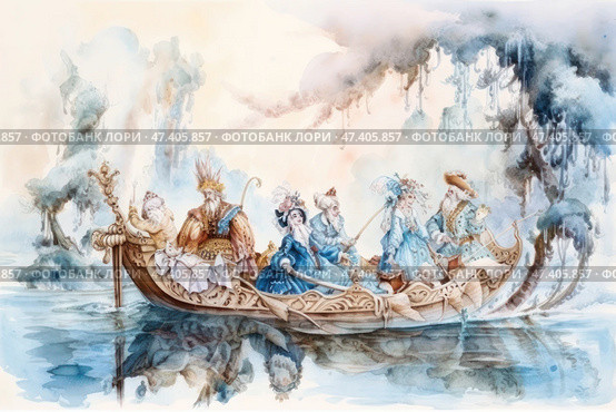 A watercolour fantasy illustration of aristocrats or fairy tale characters sailing on a carved boat on calm water. The boat is richly decorated, and the passengers are dressed in lush 18th century historical costumes, with wigs, feathers, hats and fans. Their outfits are detailed and executed in soft blue, cream and gold tones. In the background is a fairy tale forest, shrouded in mist, with curved trees and a mysterious atmosphere. The illustration is full of grace, theatricality and light irony, evoking associations with fantasy, opera or a fairy tale. Стоковое AI-изображение, AI-художник Анна Кривицкая / Фотобанк Лори