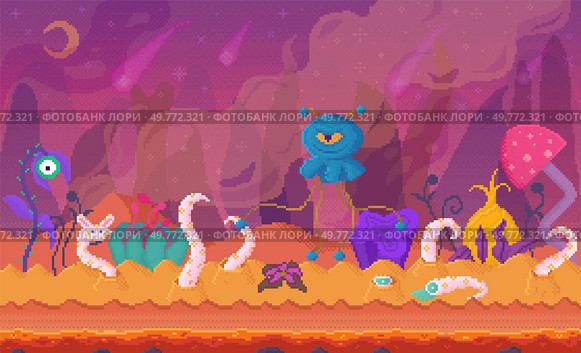 A whimsical, alien environment with colorful, strange plants and creatures under a purple sky filled with comets. Ideal for science fiction, fantasy, video game backgrounds, imaginative stories, kids. Alien Landscape with Mysterious Creatures in a Fantasy World. Стоковая иллюстрация, агентство Ingram Publishing / Фотобанк Лори