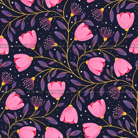 A whimsical and enchanting seamless pattern featuring delicate pink flowers, swirling golden vines, and shimmering stardust against a deep blue backdrop. This pattern evokes a sense of tranquility and wonder, perfect for adding a touch of elegance to any design project.. Purple Floral Dream. Стоковое фото, агентство Ingram Publishing / Фотобанк Лори