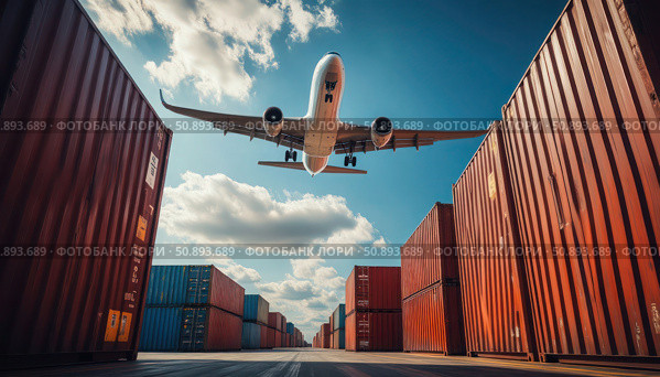 A white airplane is flying over a large pile of red shipping containers. Стоковое AI-изображение, AI-художник Ярославский Максим / Фотобанк Лори