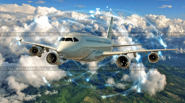A white airplane is flying through a cloudy sky with a blue circle around it. Стоковое AI-изображение, AI-художник Ярославский Максим / Фотобанк Лори