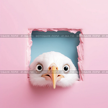 A white seagull with a goofy look on a pink background. Created by AI. Стоковое AI-изображение, AI-художник Ярославский Максим / Фотобанк Лори