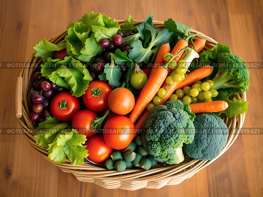 A wicker basket overflowing with vibrant vegetables and fruits on a wooden surface. Стоковое AI-изображение, AI-художник Iva Noel / Фотобанк Лори