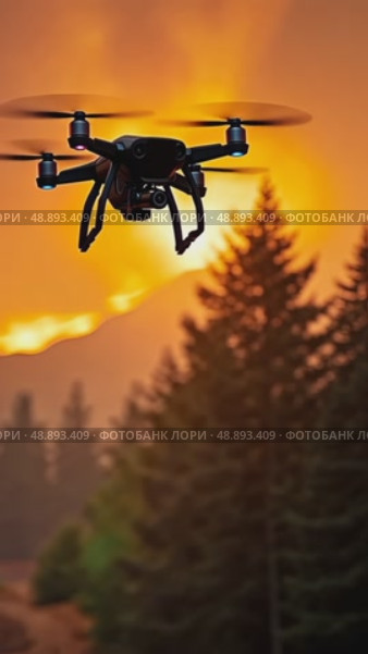 A wildfire observation drone flying among forest trees bound by flame. Стоковое AI-видео, аниматор Sergey Grishin / Фотобанк Лори
