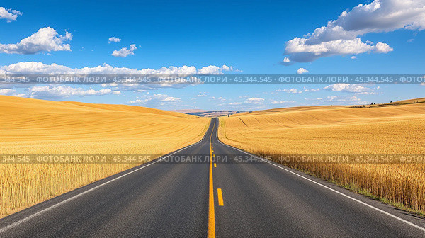 A winding road through golden wheat fields under a blue sky with clouds in late afternoon in the countryside. Стоковое AI-изображение, AI-художник Сергей Толмачёв / Фотобанк Лори