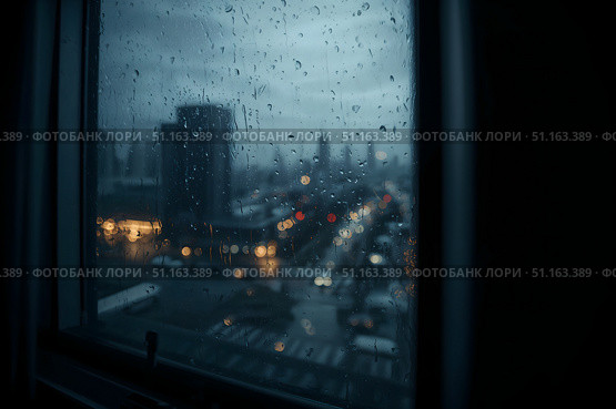A window with raindrops on it. View from the apartment. Стоковое AI-изображение, AI-художник Александр Поташев / Фотобанк Лори