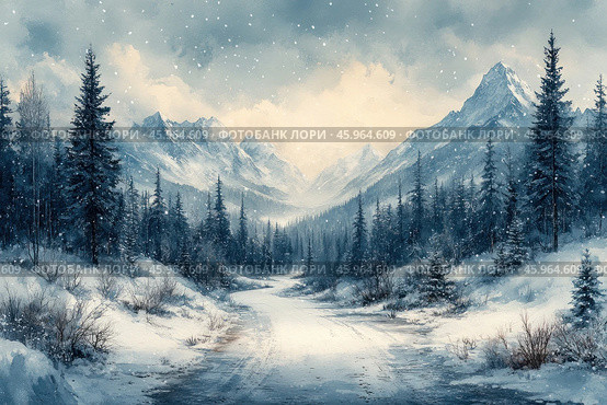 A winter landscape with a picturesque mountain valley. In the foreground, a snow-covered road is visible, winding between coniferous trees covered with snow. On both sides of the road grow fir trees and bushes, their branches buried in snow-white snow. In the background, majestic mountains rise, their peaks hidden by light fog and clouds. Snow falls in small flakes, giving the scene an atmosphere of calm and freshness. The sky is light gray with flashes of warm light, hinting at early morning or sunset. The landscape conveys a feeling of silence, coldness and peace, characteristic of the winter season. Стоковое AI-изображение, AI-художник Анна Кривицкая / Фотобанк Лори