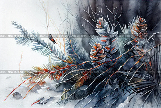 A winter watercolor composition depicting frost-covered coniferous branches and pine cones. The dark silhouette of a tree can be discerned in the background, creating a sense of depth in the forest scene. Thin lines of dry twigs and light brushstrokes convey the fragility and frostiness of the winter air. Among the branches, you can see a small bird with brown-black plumage sitting on a thin twig. The coloring is done in cold gray-blue shades with bright orange accents, creating a contrast between cold and warm. The painting is done in watercolor with smooth transitions and gentle washes. Стоковое AI-изображение, AI-художник Анна Кривицкая / Фотобанк Лори
