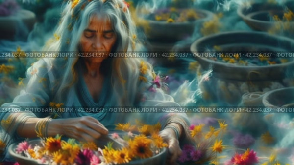 A witch performs a ritual with the withering of flowers: a harbinger of changes in the life of society. Стоковое AI-видео, аниматор Юрий Поздников / Фотобанк Лори