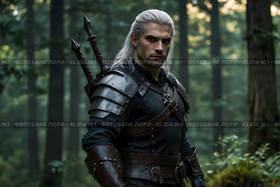 A witcher with weapons and armor on a forest background. Стоковое AI-изображение, AI-художник Александр Поташев / Фотобанк Лори