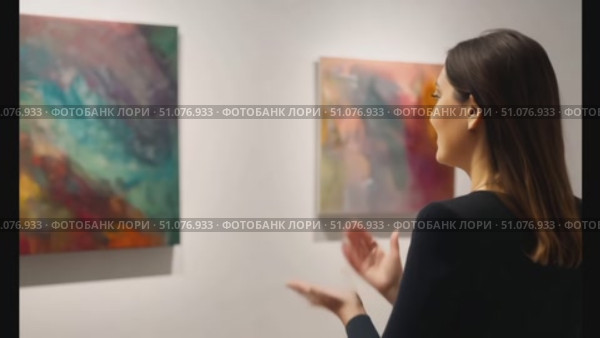 A woman admires colorful abstract artwork at a contemporary art gallery during an evening gathering. Стоковое AI-видео, аниматор Данила Большаков / Фотобанк Лори