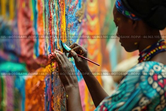 A woman artist creating a vibrant mural that pays homage to African culture and history. Стоковое AI-изображение, AI-художник Veniamin Kraskov / Фотобанк Лори