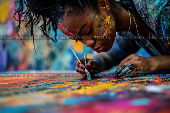 A woman artist creating a vibrant mural that pays homage to African culture and history. Стоковое AI-изображение, AI-художник Veniamin Kraskov / Фотобанк Лори
