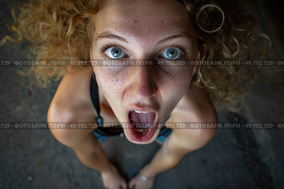 A woman contorting her face into a humorous expression, mouth wide open in a funny gesture. Стоковое AI-изображение, AI-художник Данила Большаков / Фотобанк Лори
