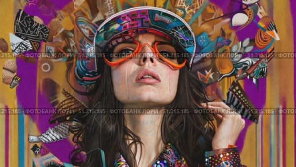 A woman dons colorful goggles and a vibrant outfit, exuding creativity surrounded by abstract patterns and striking visual elements. Стоковое AI-видео, аниматор Данила Большаков / Фотобанк Лори