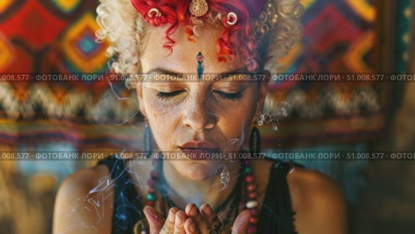 A woman engages in meditation, enveloped in smoke, in a vibrant setting that reflects her deep spiritual exploration and connection to energy. Стоковое AI-видео, аниматор Данила Большаков / Фотобанк Лори