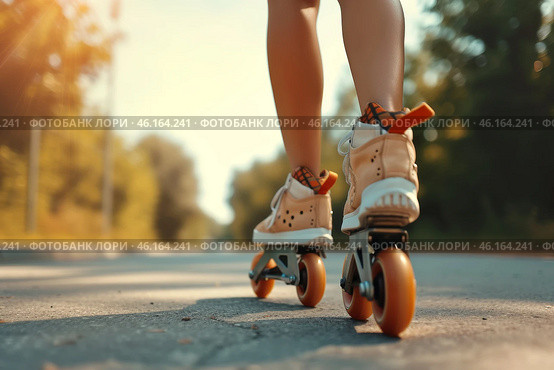 A woman enjoys summer inline skating on a sunny path with vibrant greenery in the background, showcasing her stylish roller skates. Стоковое AI-изображение, AI-художник Sergey Grishin / Фотобанк Лори