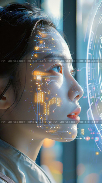 A woman gazes through a futuristic window with glowing circuits on her face, symbolizing the blend of tech and human consciousness in a compelling manner. Стоковое AI-изображение, AI-художник Данила Большаков / Фотобанк Лори