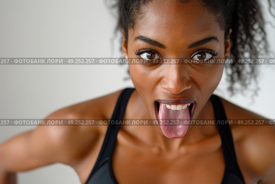 A woman humorously sticks out her tongue, making a funny face. Стоковое AI-изображение, AI-художник Данила Большаков / Фотобанк Лори