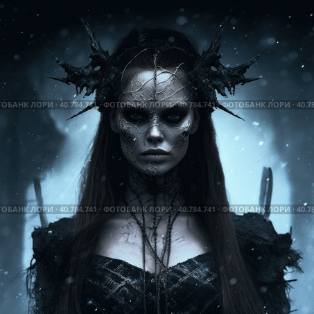 A woman in a black dress is standing in the snow. Generative AI image. Стоковое AI-изображение, AI-художник Сергей Старуш / Фотобанк Лори