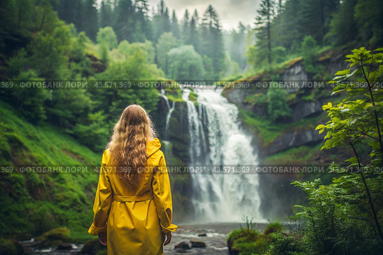 A woman in a rubber raincoat on the background of a huge blue waterfall. The girl travels and enjoys life and the environment. Tourism. Стоковое AI-изображение, AI-художник Photojuli / Фотобанк Лори