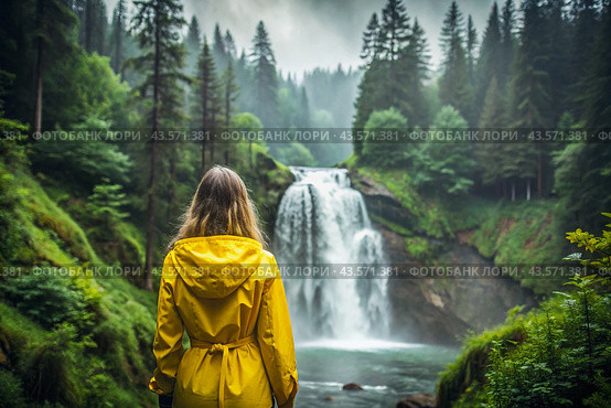 A woman in a rubber raincoat on the background of a huge blue waterfall. The girl travels and enjoys life and the environment. Tourism. Стоковое AI-изображение, AI-художник Photojuli / Фотобанк Лори