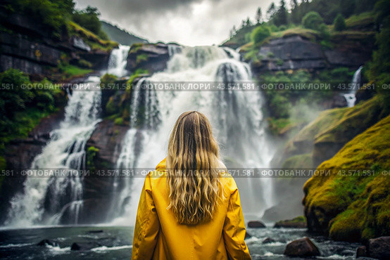A woman in a rubber raincoat on the background of a huge blue waterfall. The girl travels and enjoys life and the environment. Tourism. Стоковое AI-изображение, AI-художник Photojuli / Фотобанк Лори