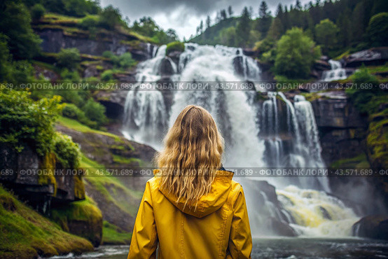 A woman in a rubber raincoat on the background of a huge blue waterfall. The girl travels and enjoys life and the environment. Tourism. Стоковое AI-изображение, AI-художник Photojuli / Фотобанк Лори