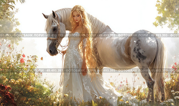 A woman in a white dress is standing next to a white horse. Стоковое AI-изображение, AI-художник Ярославский Максим / Фотобанк Лори