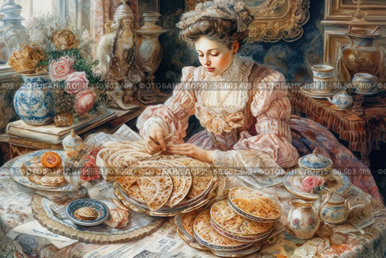 A woman in an exquisite historical rococo dress sits at a richly served table and carefully folds lace pancakes. The atmosphere is reminiscent of an aristocratic breakfast or tea party of the 18th-19th centuries. The interior is decorated with elegant porcelain dishes, antique furniture, flower arrangements and lace. The abundance of food and exquisite serving create a feeling of sophistication, comfort and nostalgia for the era of elegant manners and traditions. Стоковое AI-изображение, AI-художник Анна Кривицкая / Фотобанк Лори