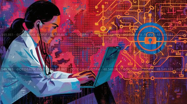 A woman in professional attire focuses on her laptop, surrounded by symbols of cybersecurity and technology, in a digitalized, urban backdrop. Стоковое AI-изображение, AI-художник Данила Большаков / Фотобанк Лори